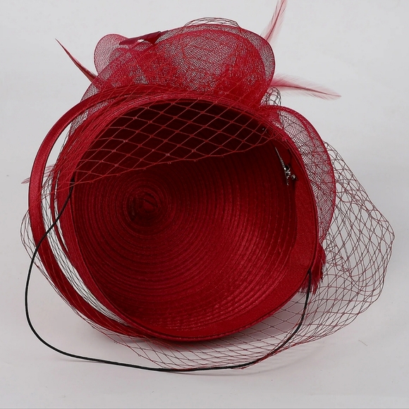 Elegant Deep Red Wine Braided Pillbox Exquisite Lace Veil and Tulle Flow… - Picture 4 of 4